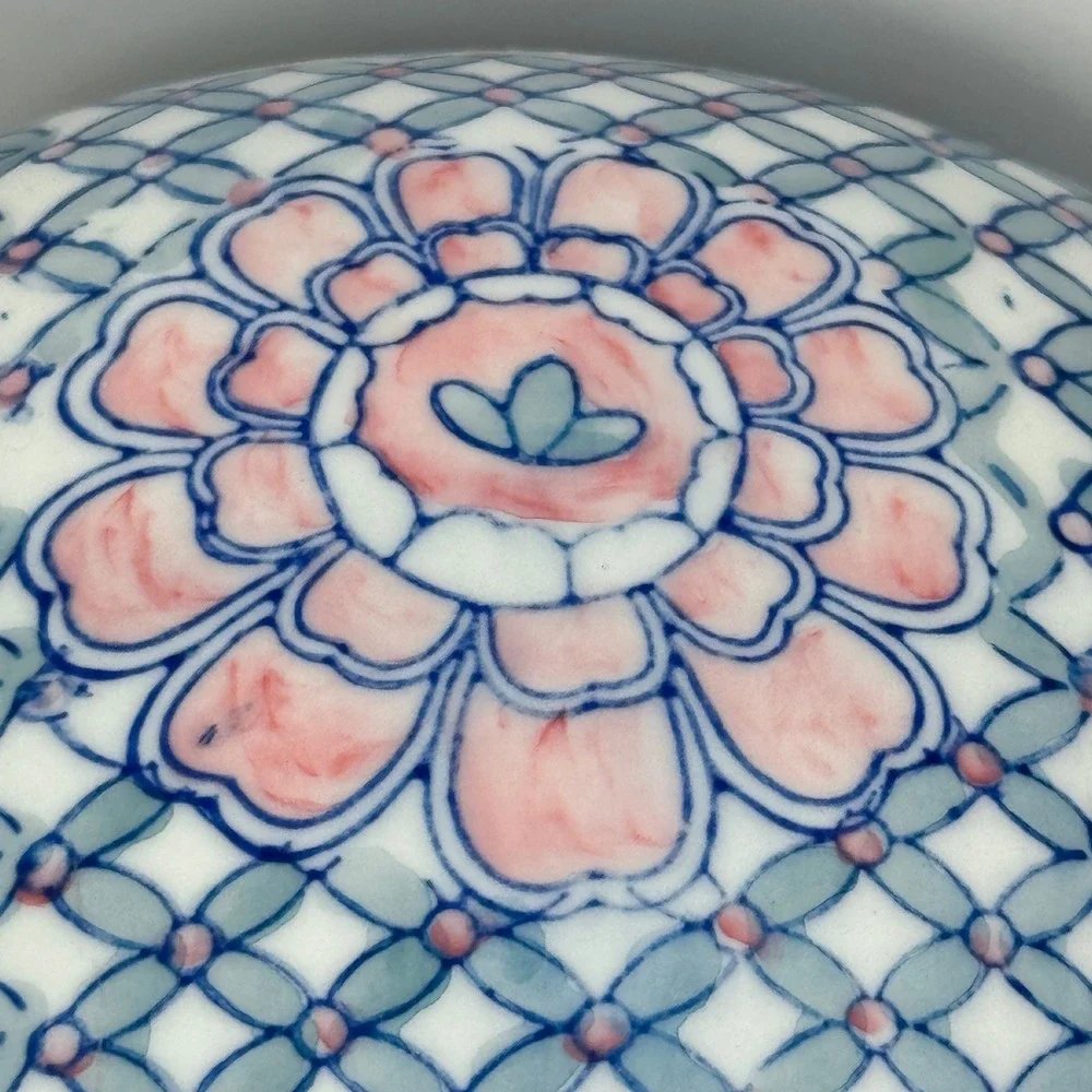 Vintage Blue White Pink Chinoiserie Ginger Jar Vase Ceramic 9
